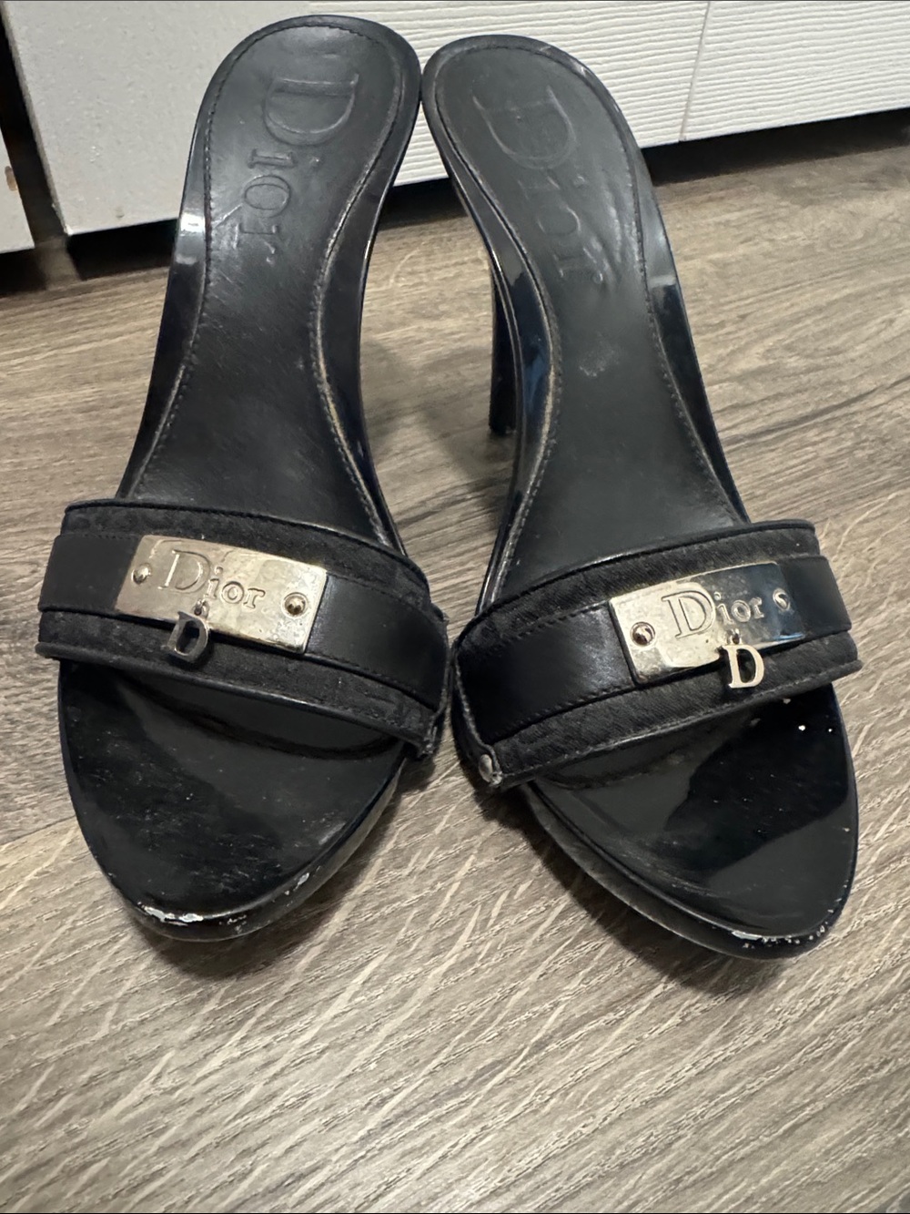 Dior Black Leather Slide Heels with Silver Logo Plate